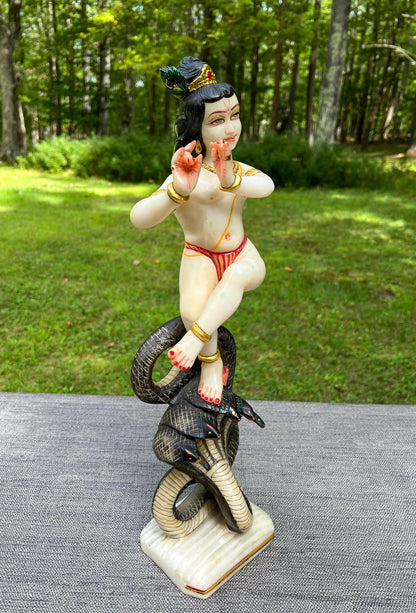 Rare Vintage Marble Dust Krishna Dancing On Serpent Kaliya Deity Statue Sculpture