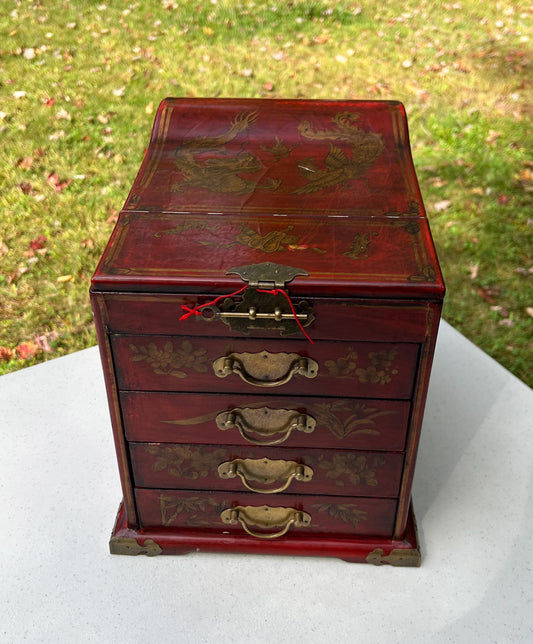 Vintage Chinese Lacquer Jewelry Box: Dragon & Phoenix Motif