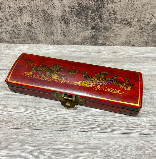 Vintage Chinese Lacquer Wooden Decor Trinket Box Hand-painted Dragon & Phoenix