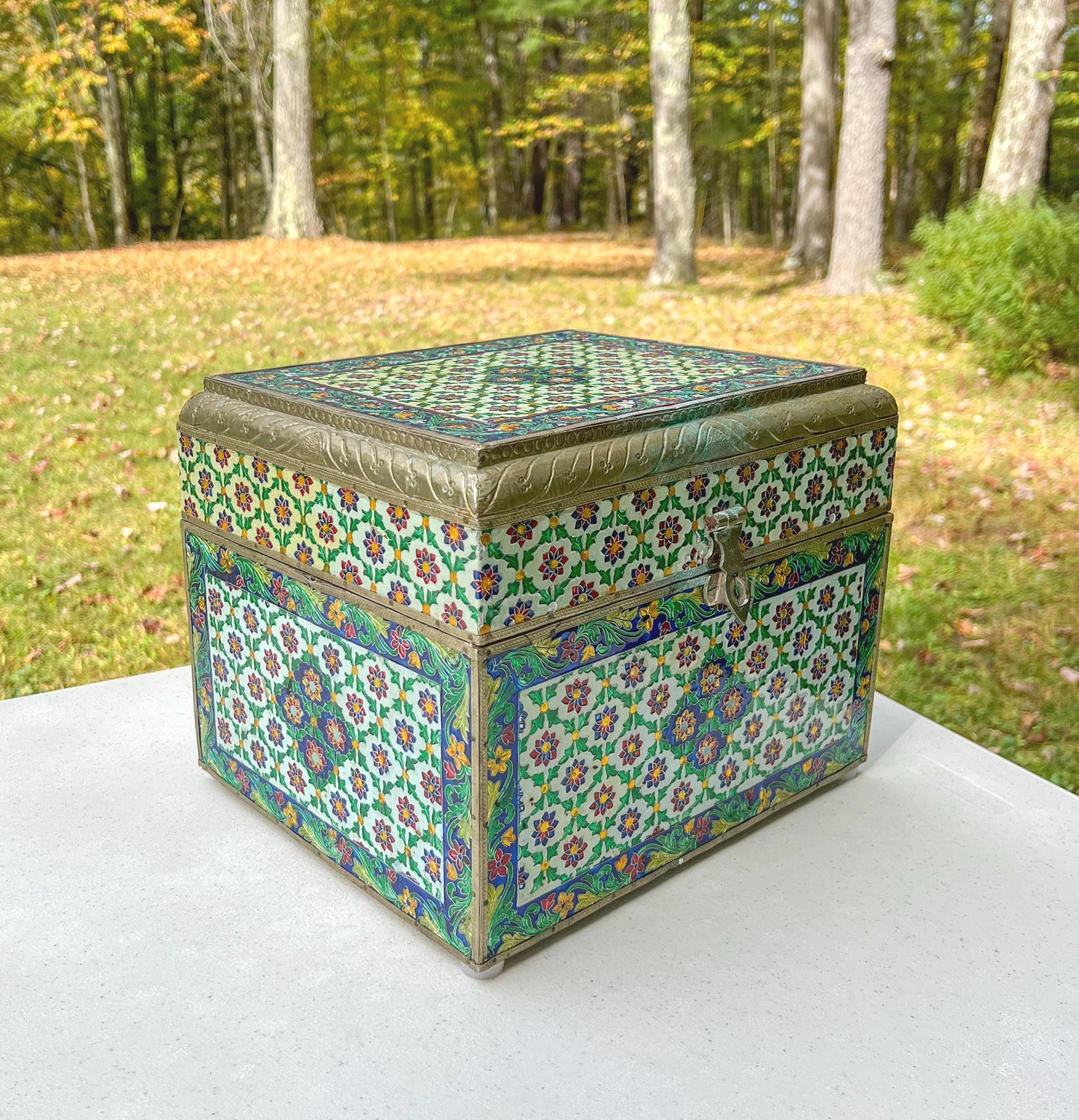 Vintage Large Handmade Meenakari Enameled Storage Chest | Blue Velvet Lined Altar Box - 12" Long