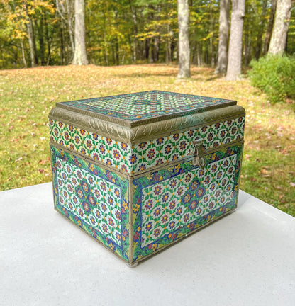 Vintage Large Handmade Meenakari Enameled Storage Chest | Blue Velvet Lined Altar Box - 12" Long
