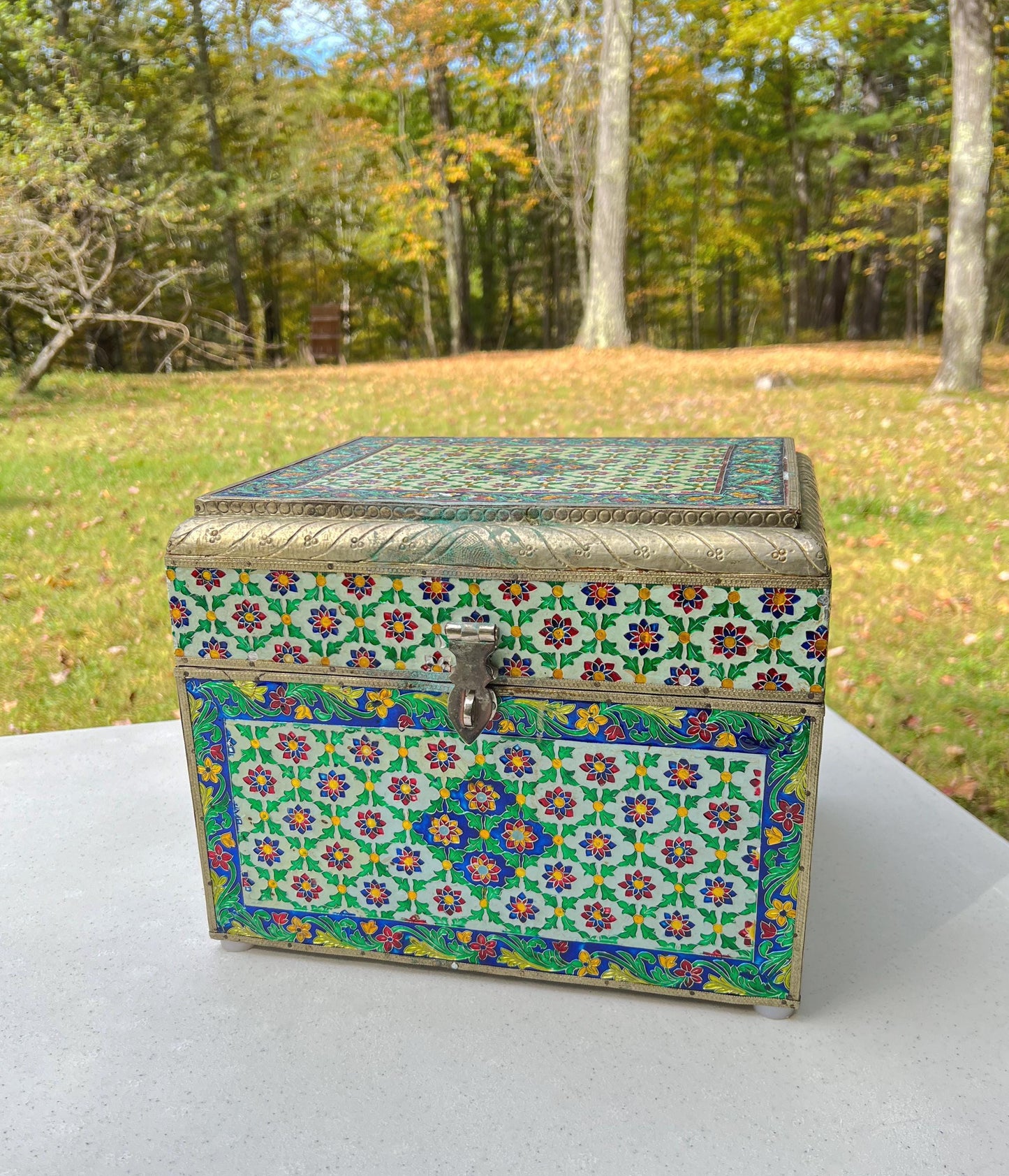 Vintage Large Handmade Meenakari Enameled Storage Chest | Blue Velvet Lined Altar Box - 12" Long