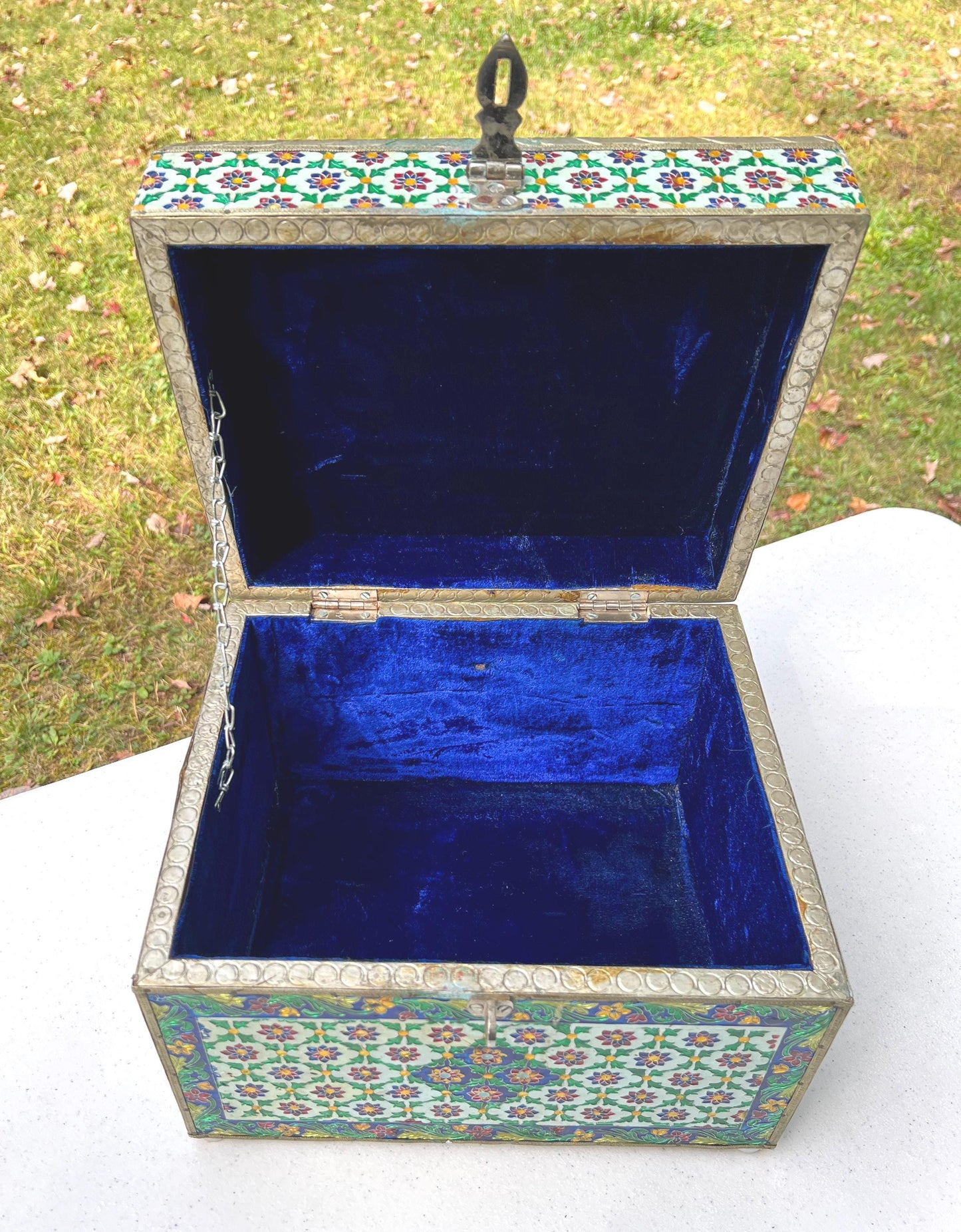 Vintage Large Handmade Meenakari Enameled Storage Chest | Blue Velvet Lined Altar Box - 12" Long