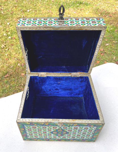 Vintage Large Handmade Meenakari Enameled Storage Chest | Blue Velvet Lined Altar Box - 12" Long