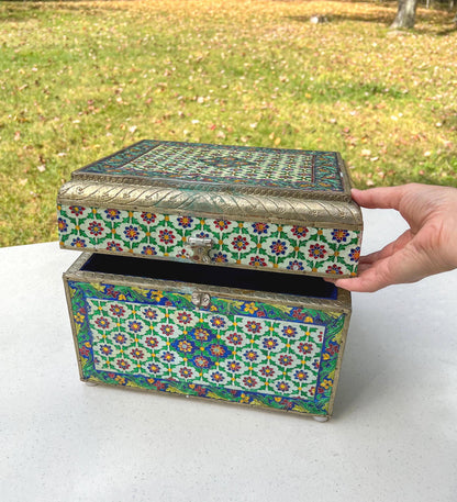 Vintage Large Handmade Meenakari Enameled Storage Chest | Blue Velvet Lined Altar Box - 12" Long