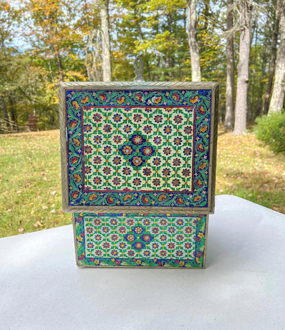 Vintage Large Handmade Meenakari Enameled Storage Chest | Blue Velvet Lined Altar Box - 12" Long