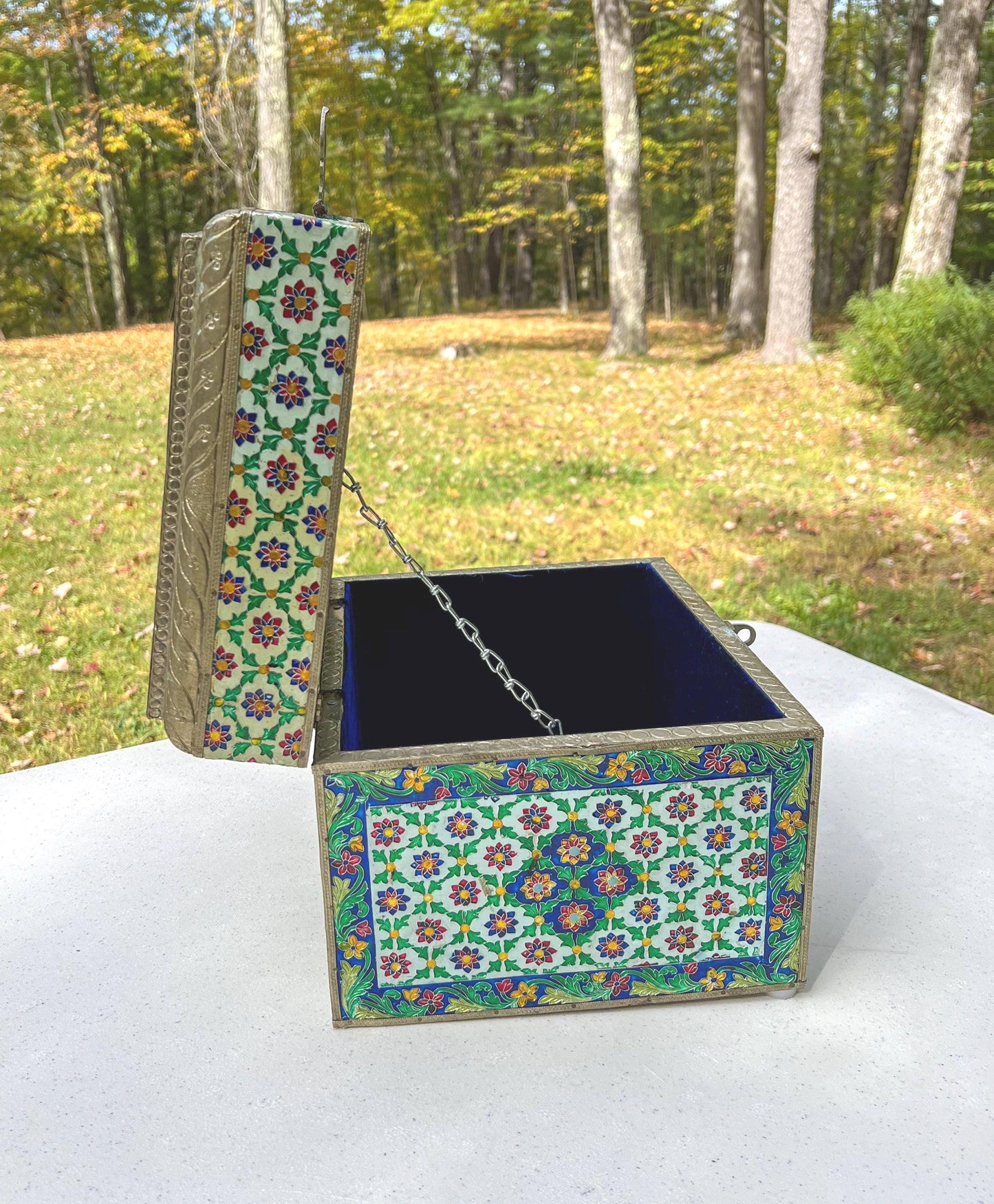Vintage Large Handmade Meenakari Enameled Storage Chest | Blue Velvet Lined Altar Box - 12" Long