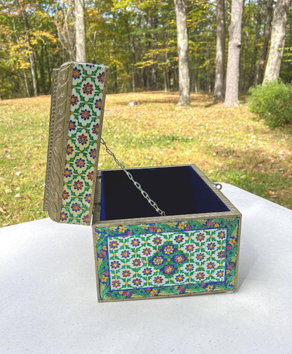 Vintage Large Handmade Meenakari Enameled Storage Chest | Blue Velvet Lined Altar Box - 12" Long