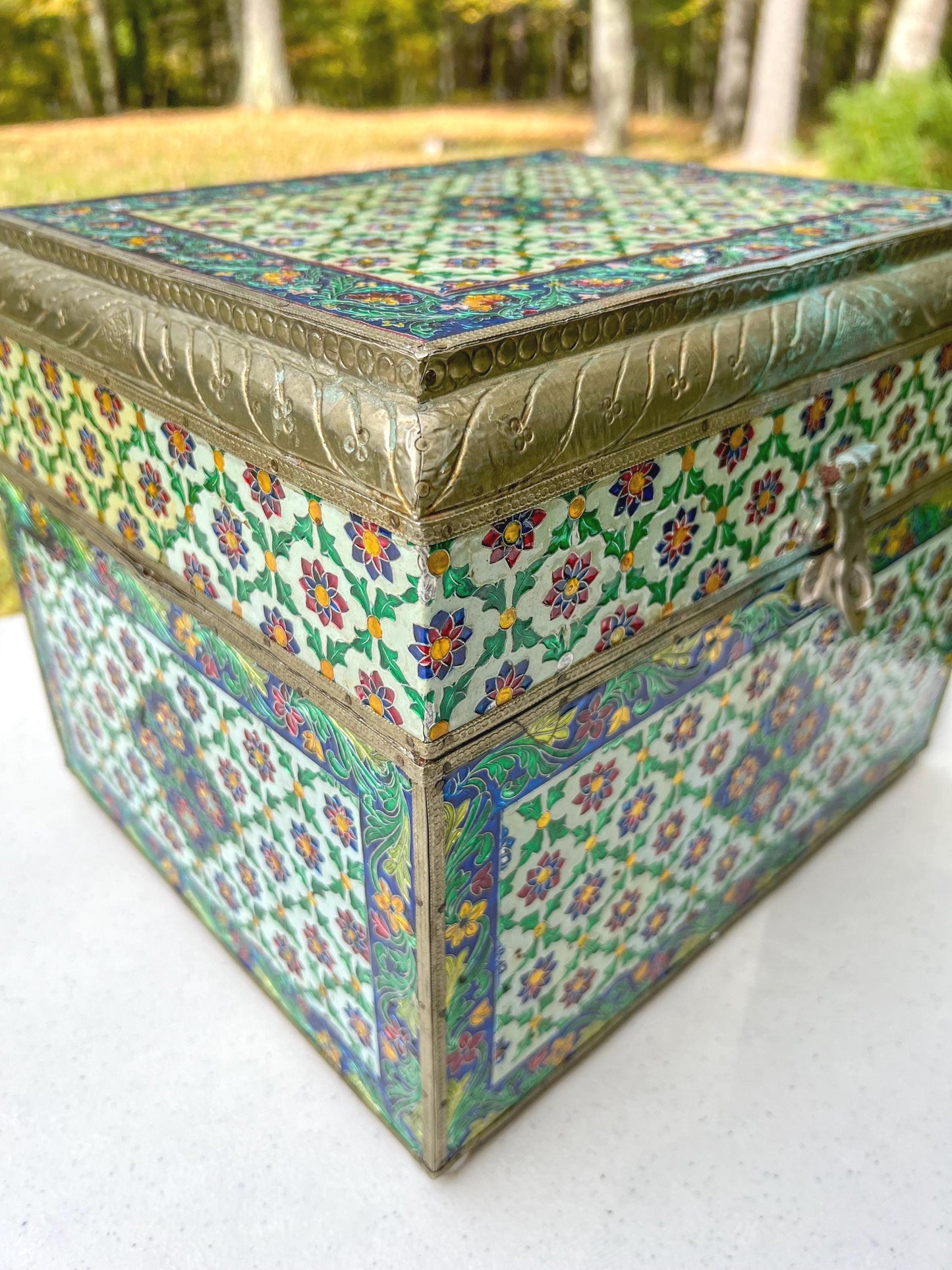 Vintage Large Handmade Meenakari Enameled Storage Chest | Blue Velvet Lined Altar Box - 12" Long