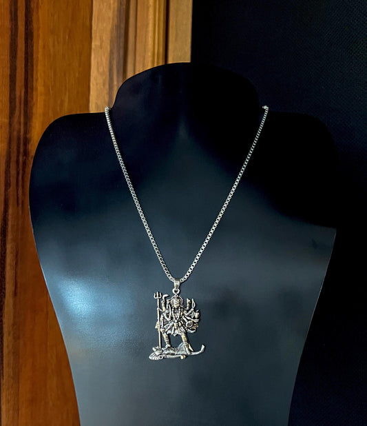 Silver plated Kali Maa pendant on stainless steel chain — Hindu goddess necklace