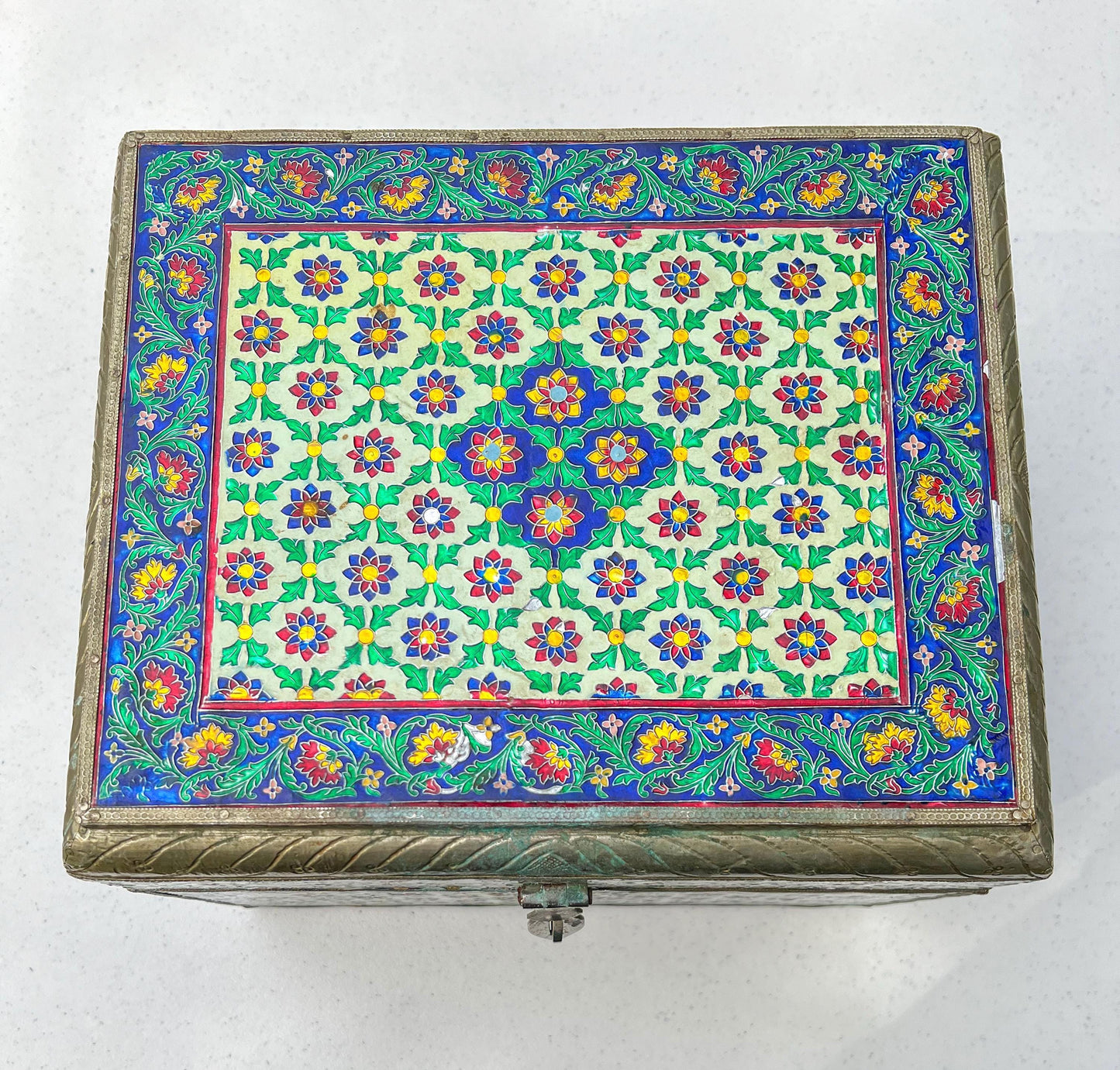 Vintage Large Handmade Meenakari Enameled Storage Chest | Blue Velvet Lined Altar Box - 12" Long