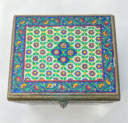 Vintage Large Handmade Meenakari Enameled Storage Chest | Blue Velvet Lined Altar Box - 12" Long