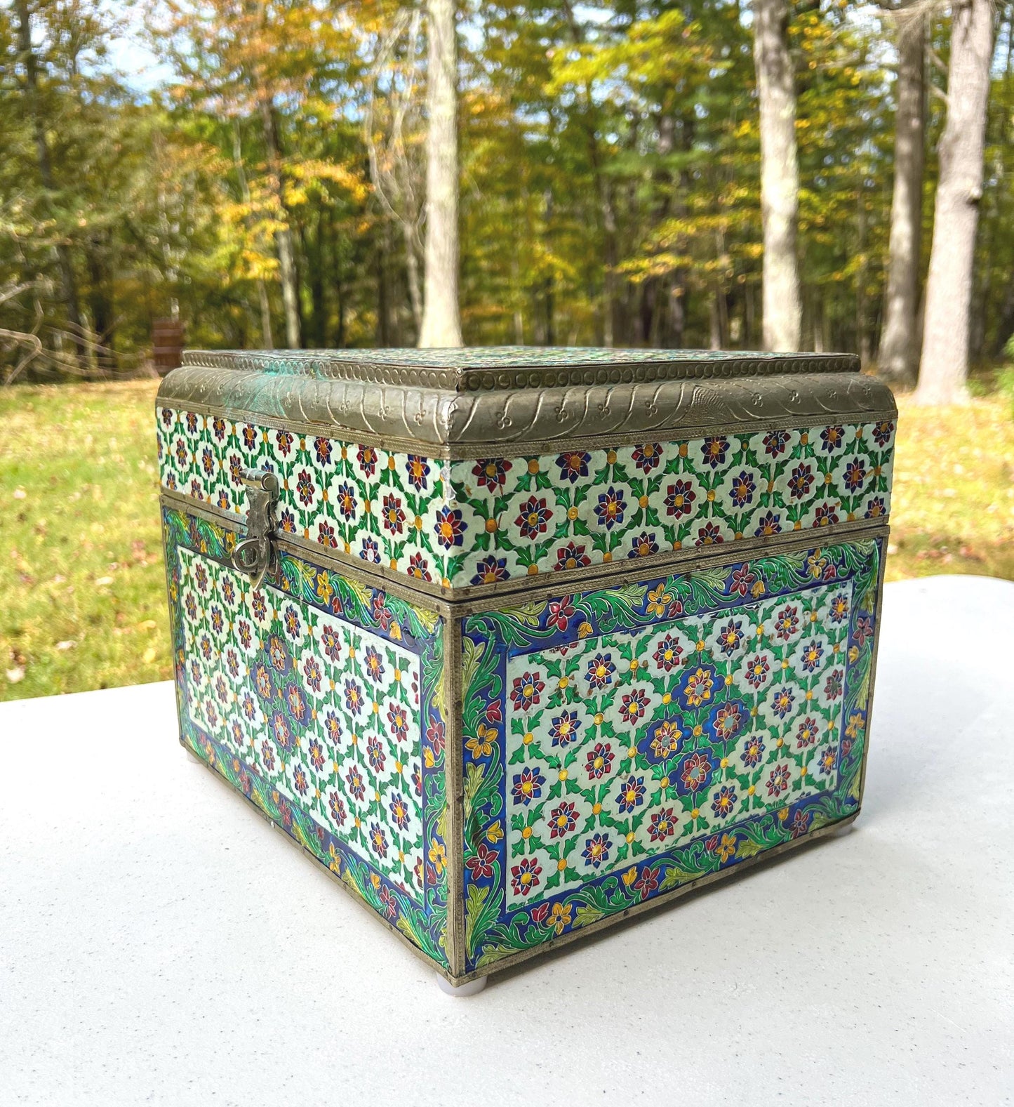 Vintage Large Handmade Meenakari Enameled Storage Chest | Blue Velvet Lined Altar Box - 12" Long