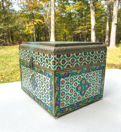 Vintage Large Handmade Meenakari Enameled Storage Chest | Blue Velvet Lined Altar Box - 12" Long