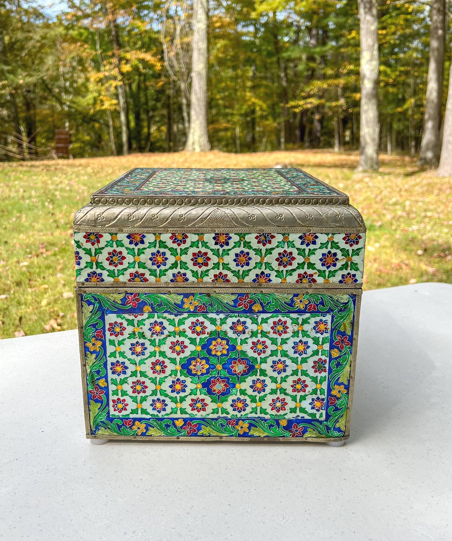 Vintage Large Handmade Meenakari Enameled Storage Chest | Blue Velvet Lined Altar Box - 12" Long