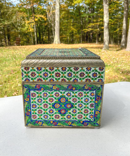 Vintage Large Handmade Meenakari Enameled Storage Chest | Blue Velvet Lined Altar Box - 12" Long