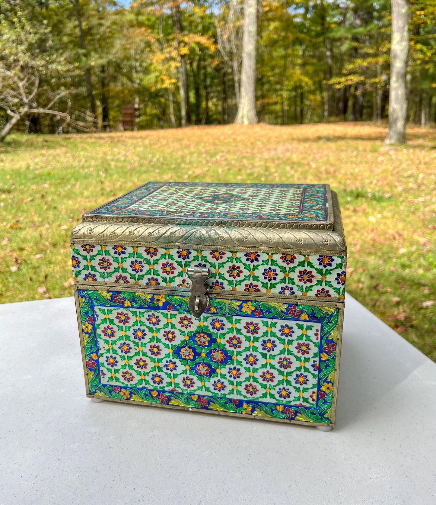 Vintage Large Handmade Meenakari Enameled Storage Chest | Blue Velvet Lined Altar Box - 12" Long