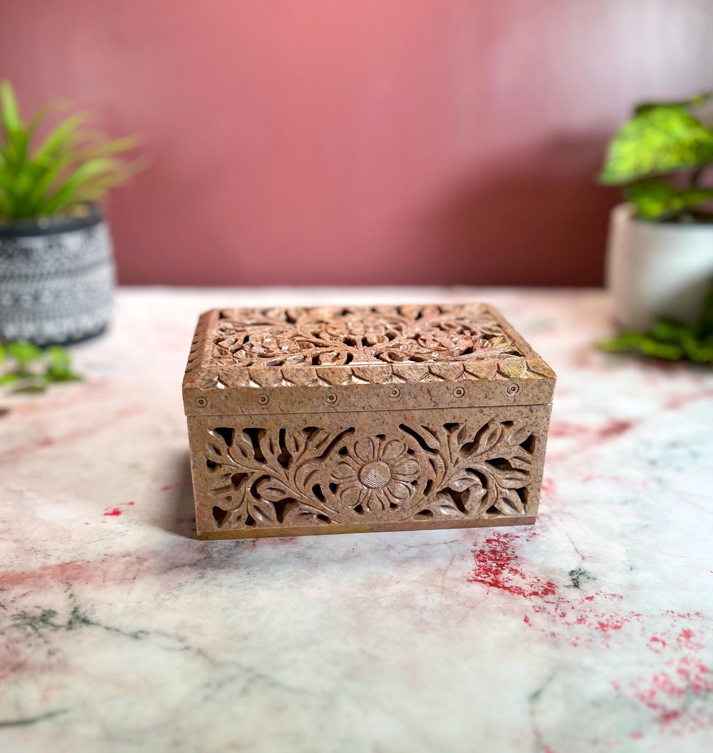 Hand Carved Soapstone Jewelry Trinket Box | Restored Vintage Keepsake Storage