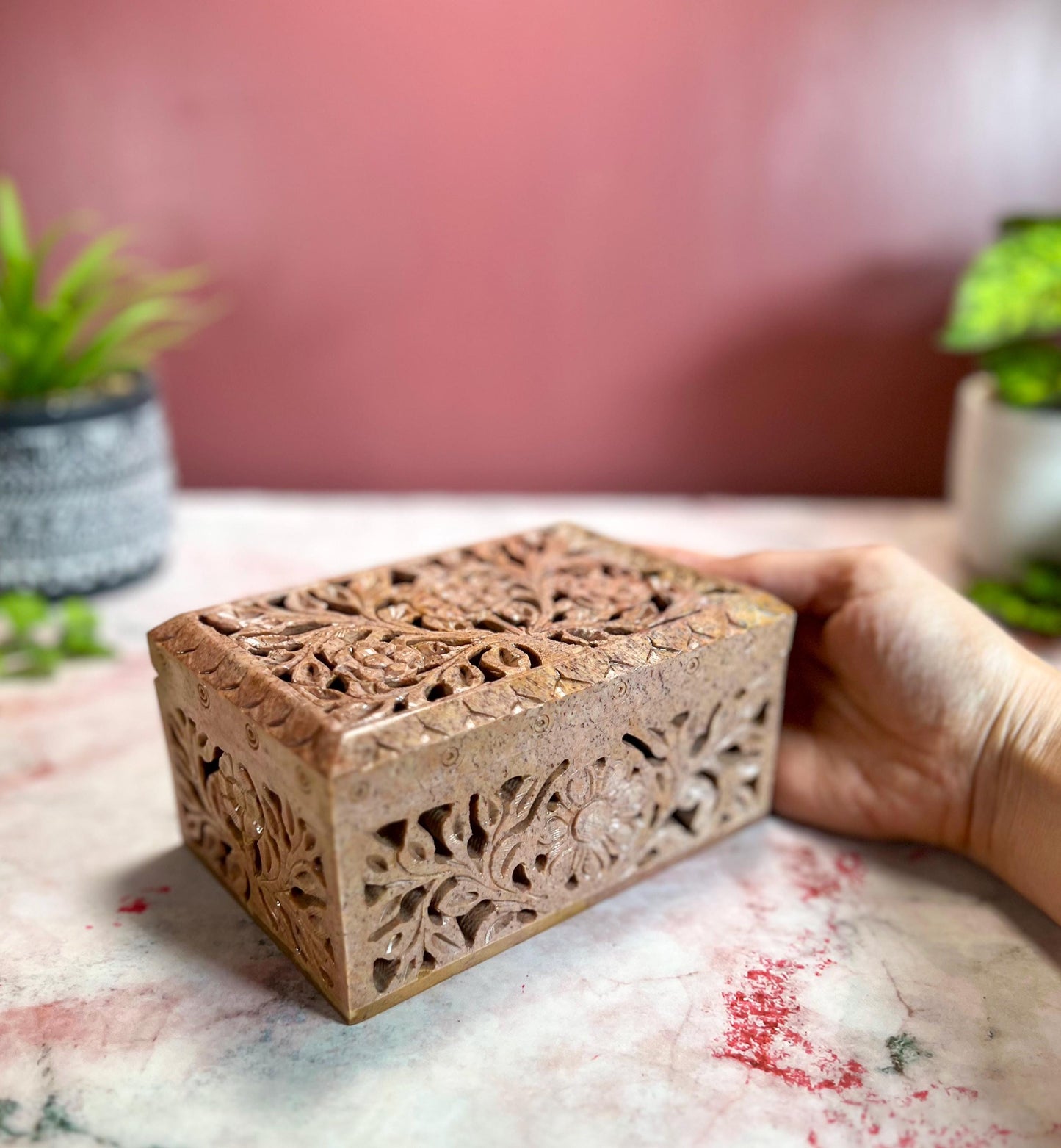 Hand Carved Soapstone Jewelry Trinket Box | Restored Vintage Keepsake Storage