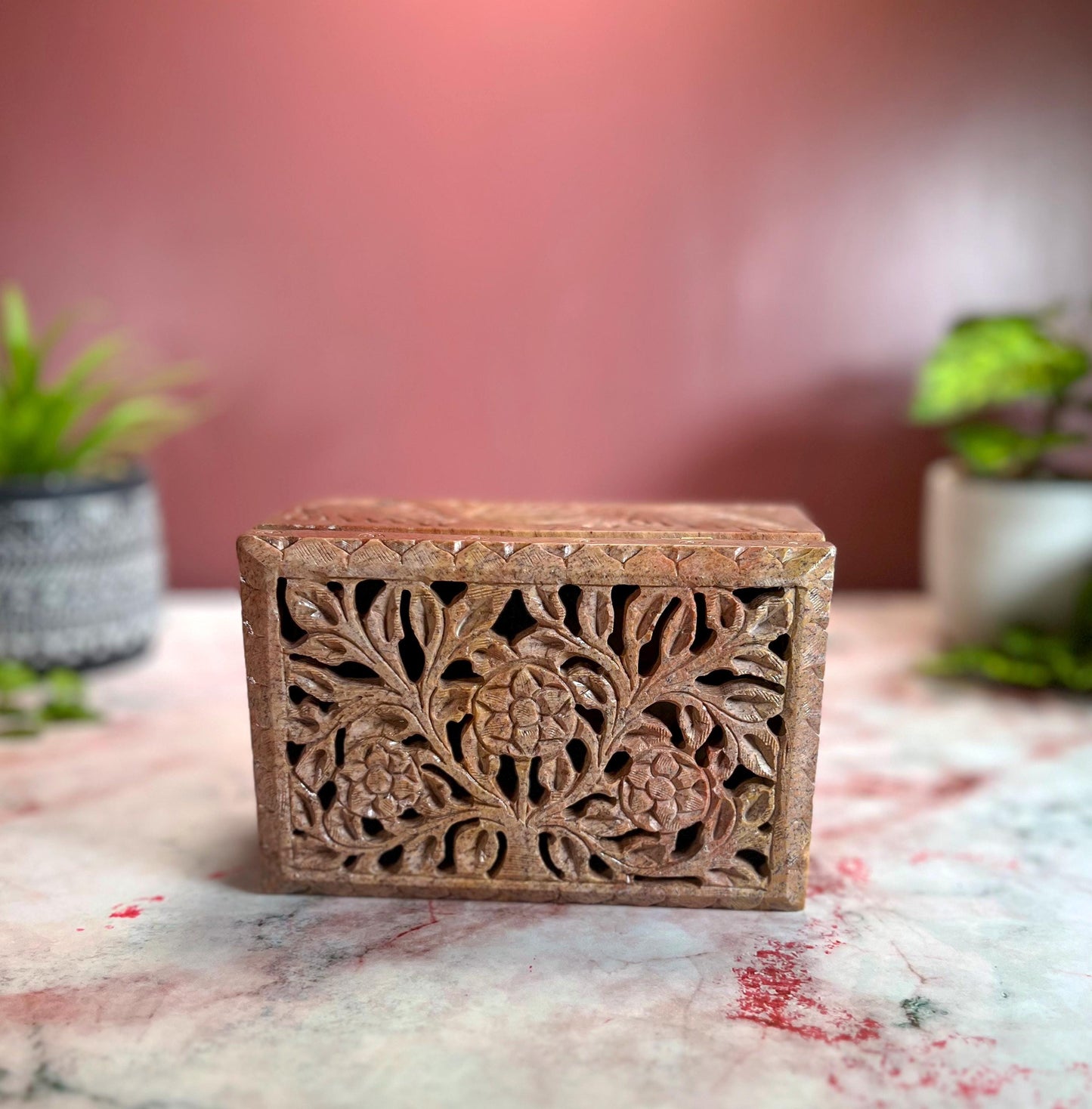 Hand Carved Soapstone Jewelry Trinket Box | Restored Vintage Keepsake Storage