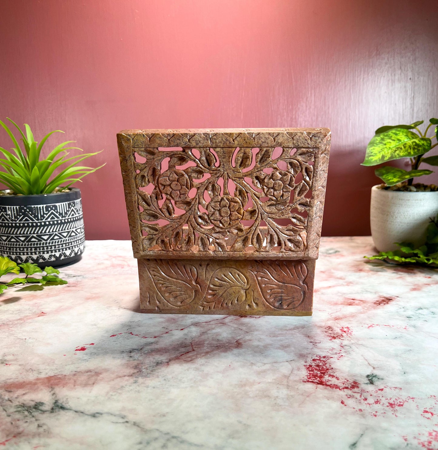 Hand Carved Soapstone Jewelry Trinket Box | Restored Vintage Keepsake Storage