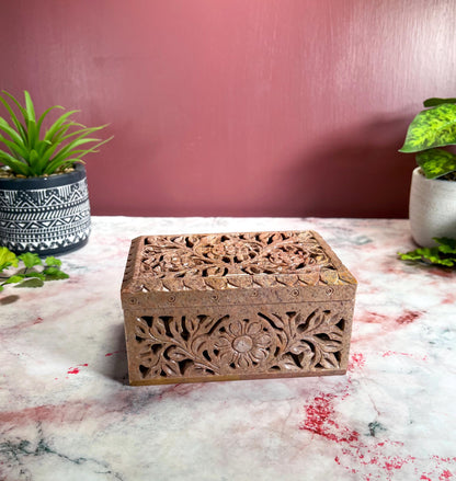 Hand Carved Soapstone Jewelry Trinket Box | Restored Vintage Keepsake Storage