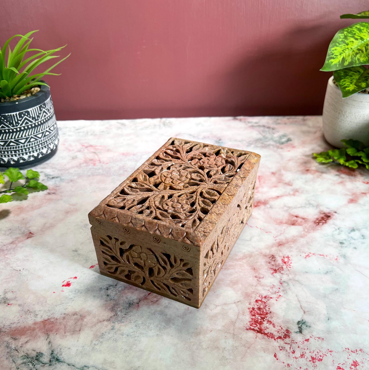 Hand Carved Soapstone Jewelry Trinket Box | Restored Vintage Keepsake Storage