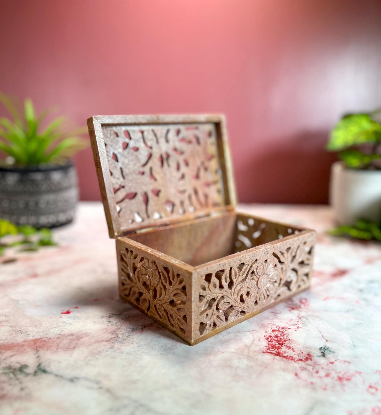 Hand Carved Soapstone Jewelry Trinket Box | Restored Vintage Keepsake Storage