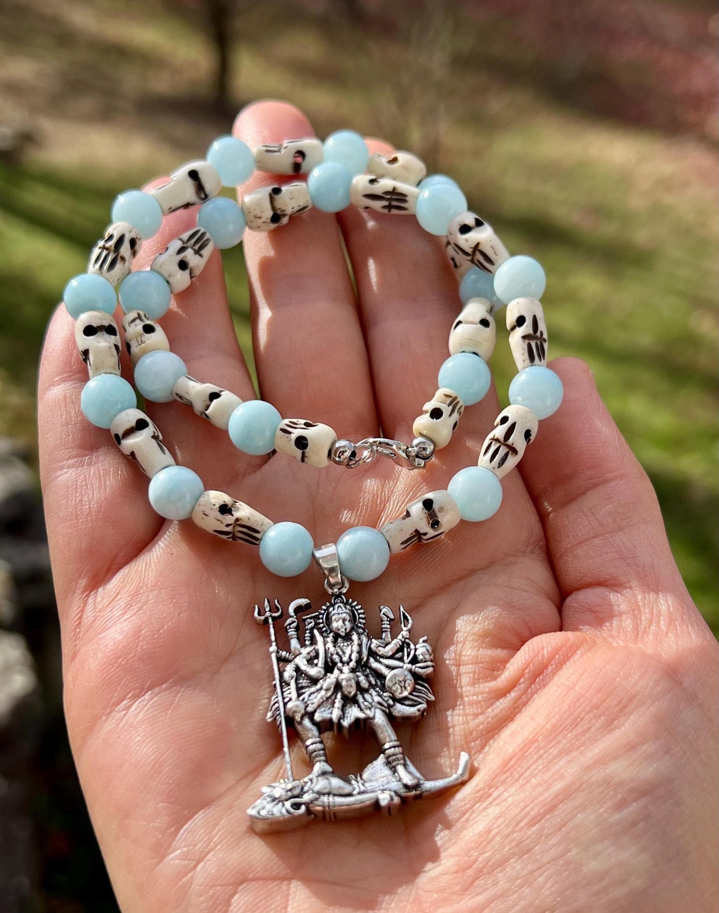 Kali Necklace | Handmade Hinduism Goddess Aquamarine Jewelry Gift - 17" Long