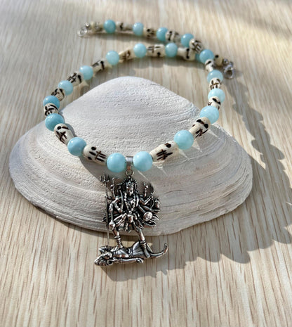 Kali Necklace | Handmade Hinduism Goddess Aquamarine Jewelry Gift - 17" Long