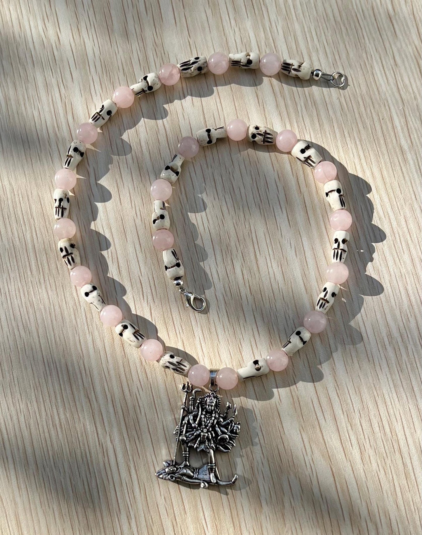 Kali Maa Necklace | Handmade Hinduism Goddess Rose Quartz Jewelry Gift - 19" Long