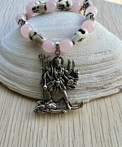 Kali Maa Necklace | Handmade Hinduism Goddess Rose Quartz Jewelry Gift - 19" Long