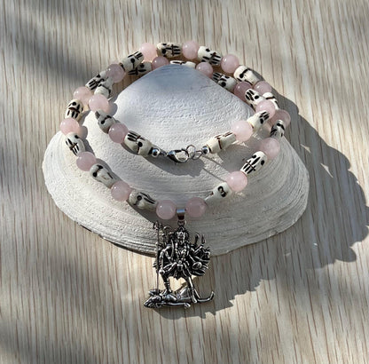 Kali Maa Necklace | Handmade Hinduism Goddess Rose Quartz Jewelry Gift - 19" Long