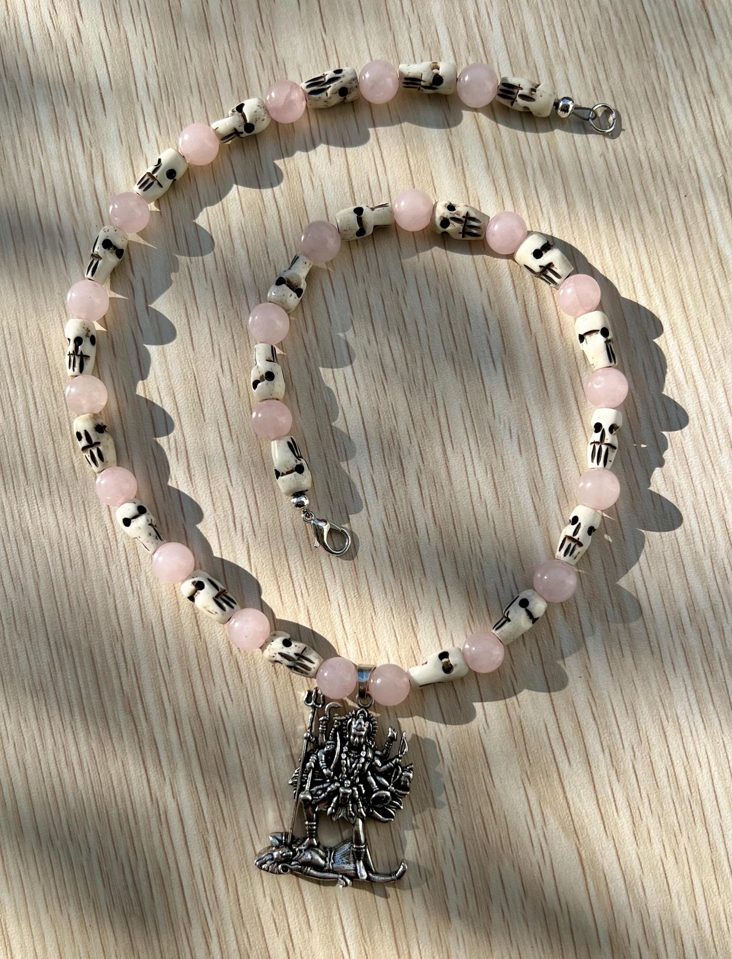 Kali Maa Necklace | Handmade Hinduism Goddess Rose Quartz Jewelry Gift - 19" Long