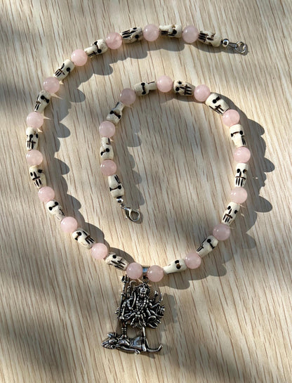 Kali Maa Necklace | Handmade Hinduism Goddess Rose Quartz Jewelry Gift - 19" Long