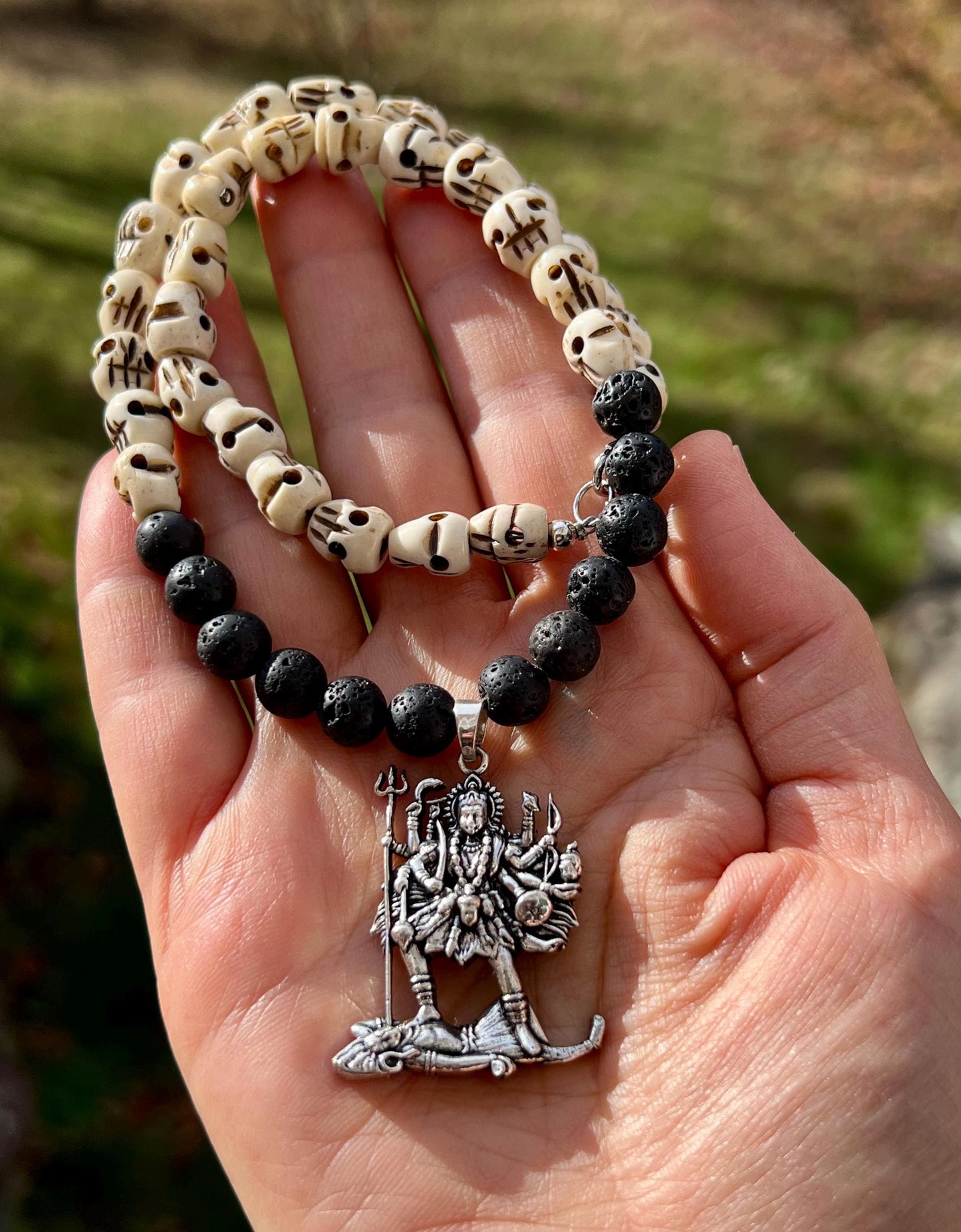 Kali Maa Necklace | Handmade Carved Beads Hinduism Goddess Jewelry Gift - 18" Long