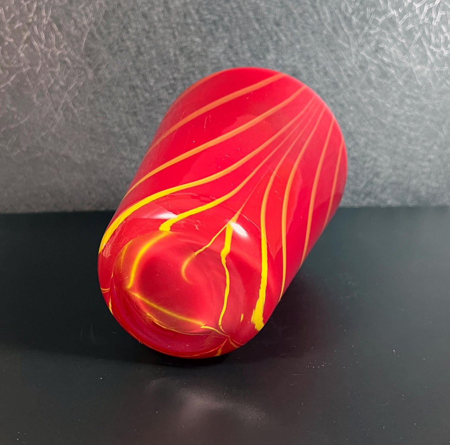 Vintage Red and Yellow Pulled Feather Hand-blown Art Glass Vase - 9.25" Tall