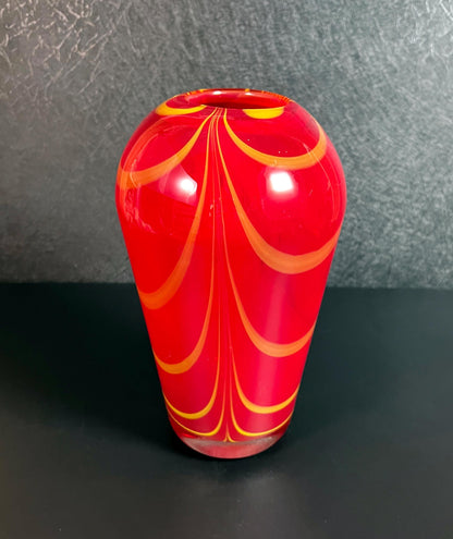 Vintage Red and Yellow Pulled Feather Hand-blown Art Glass Vase - 9.25" Tall