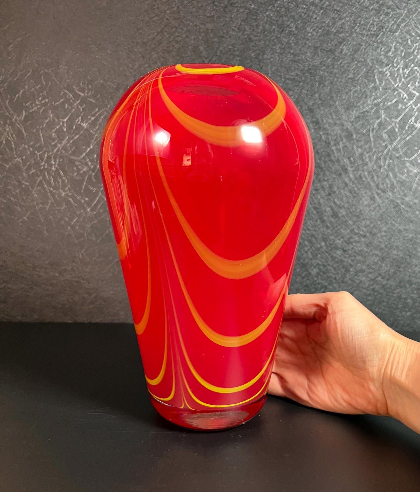 Vintage Red and Yellow Pulled Feather Hand-blown Art Glass Vase - 9.25" Tall