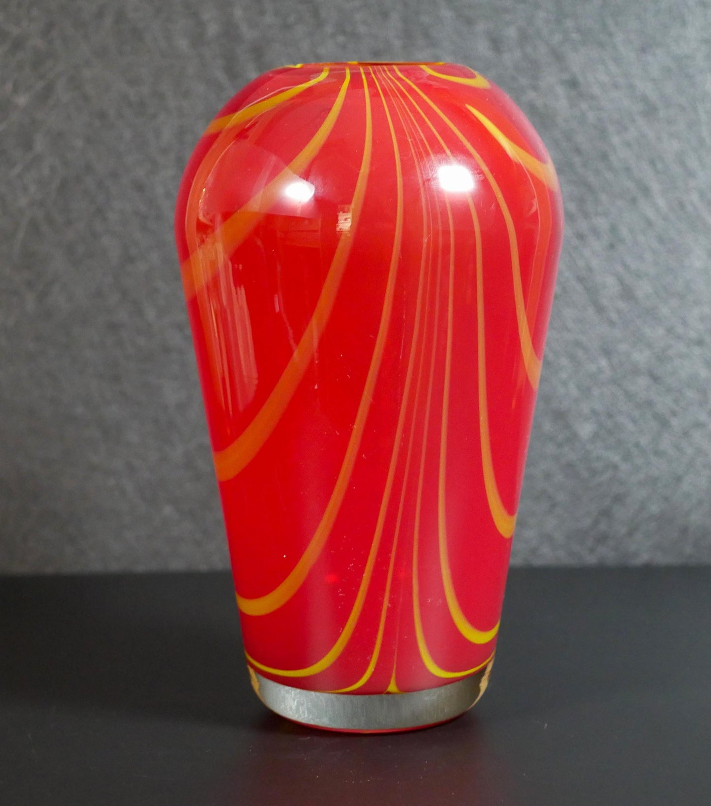 Vintage Red and Yellow Pulled Feather Hand-blown Art Glass Vase - 9.25" Tall