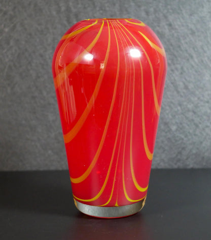 Vintage Red and Yellow Pulled Feather Hand-blown Art Glass Vase - 9.25" Tall