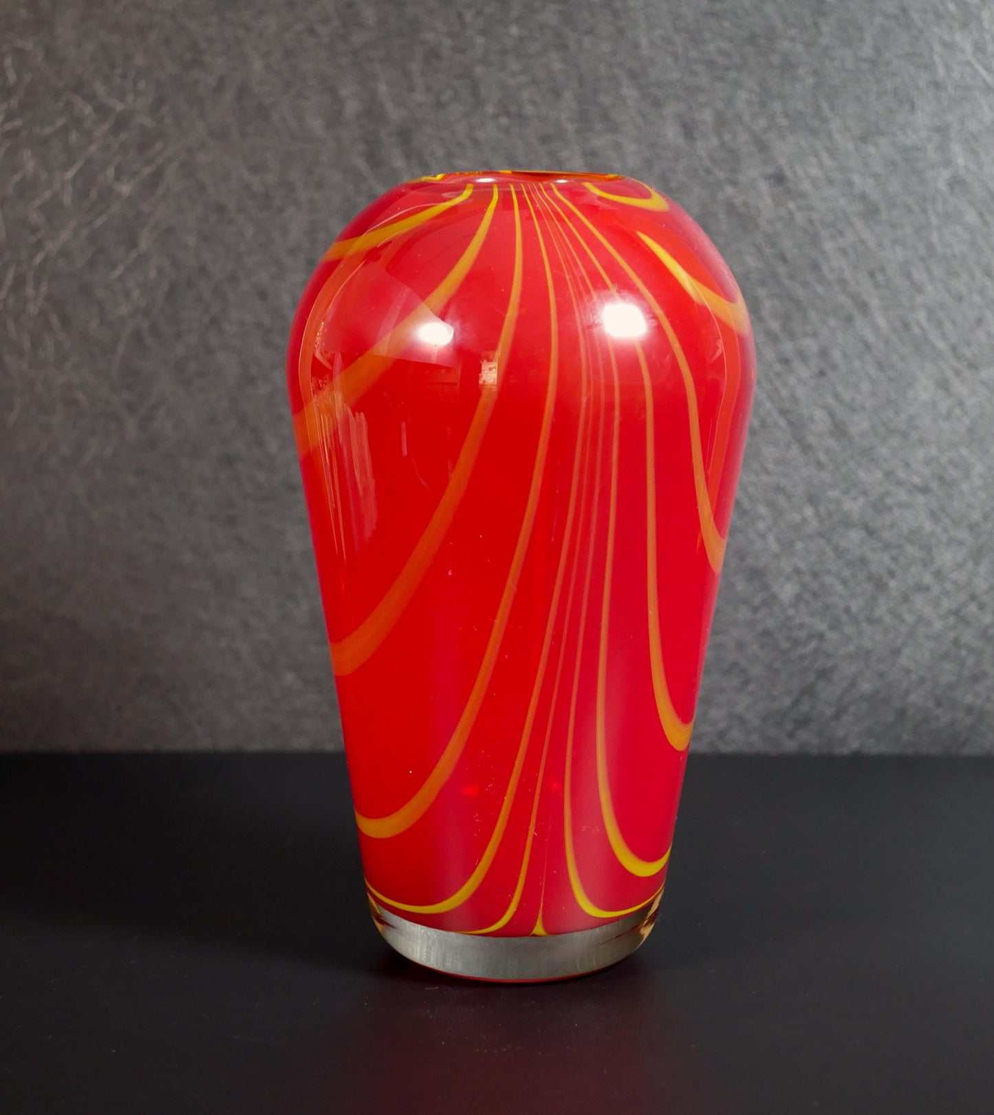 Vintage Red and Yellow Pulled Feather Hand-blown Art Glass Vase - 9.25" Tall