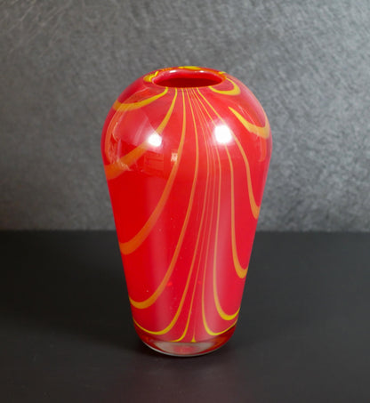 Vintage Red and Yellow Pulled Feather Hand-blown Art Glass Vase - 9.25" Tall