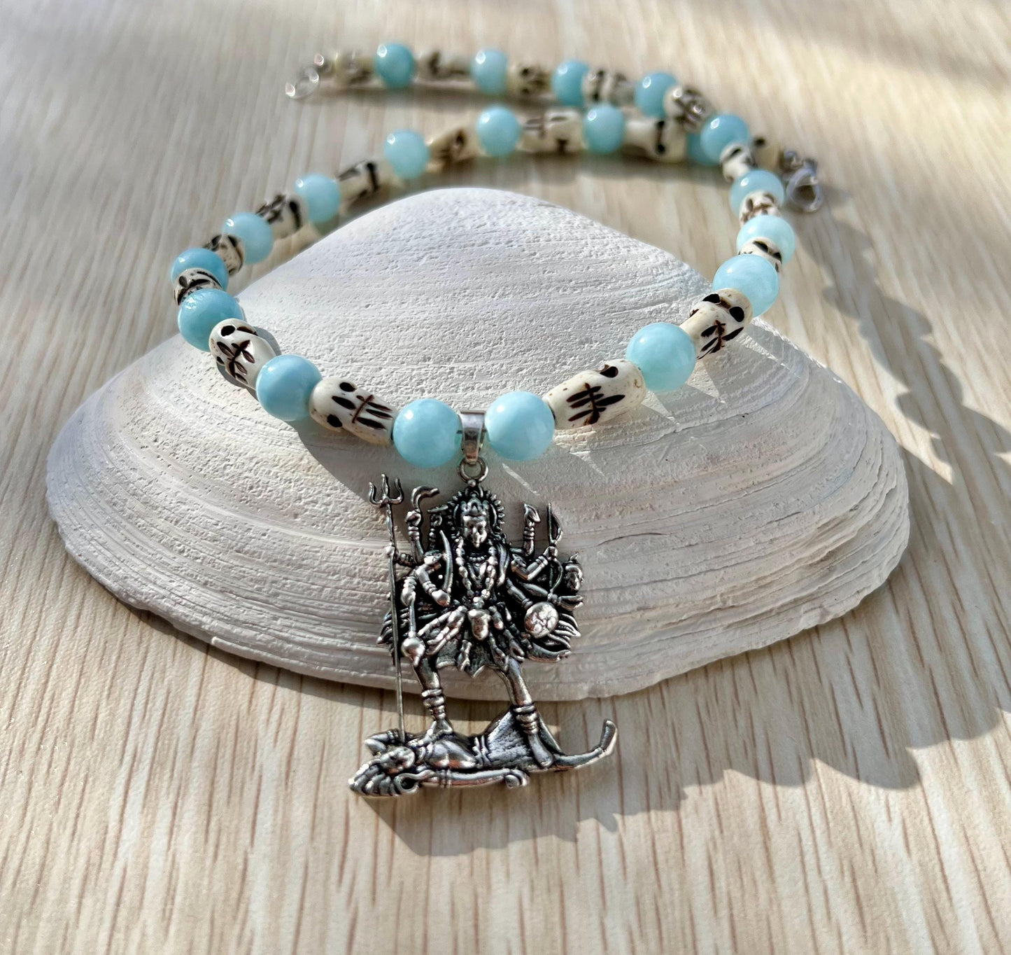 Kali Necklace | Handmade Hinduism Goddess Aquamarine Jewelry Gift - 17" Long