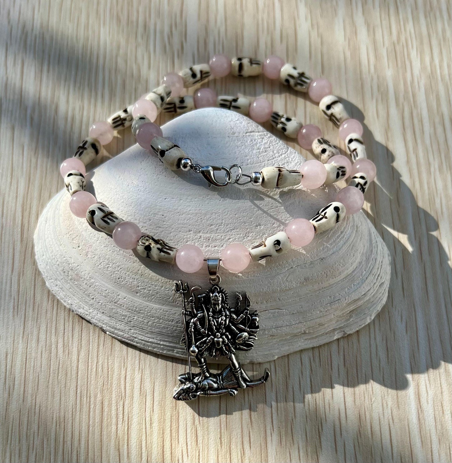 Kali Maa Necklace | Handmade Hinduism Goddess Rose Quartz Jewelry Gift - 19" Long