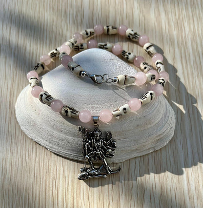 Kali Maa Necklace | Handmade Hinduism Goddess Rose Quartz Jewelry Gift - 19" Long