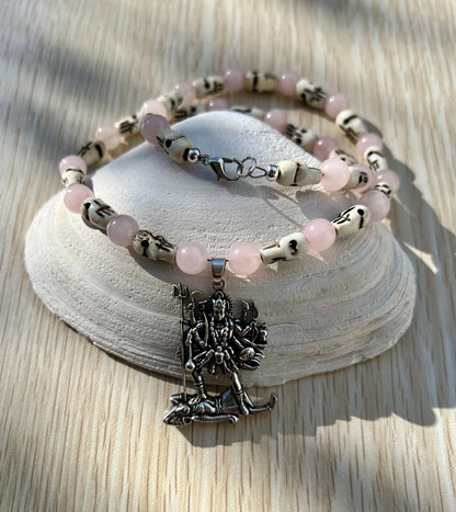 Kali Maa Necklace | Handmade Hinduism Goddess Rose Quartz Jewelry Gift - 19" Long