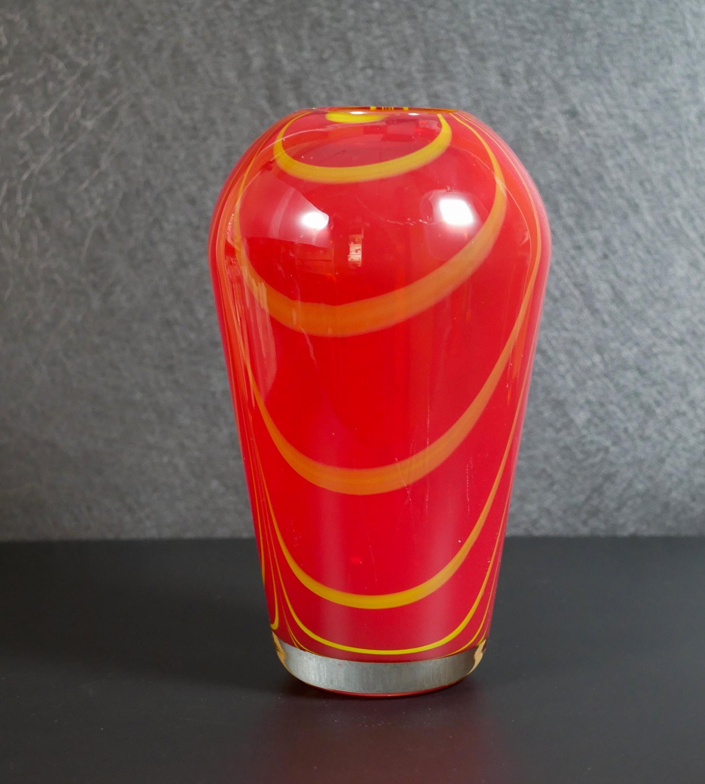 Vintage Red and Yellow Pulled Feather Hand-blown Art Glass Vase - 9.25" Tall
