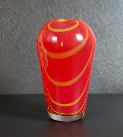 Vintage Red and Yellow Pulled Feather Hand-blown Art Glass Vase - 9.25" Tall
