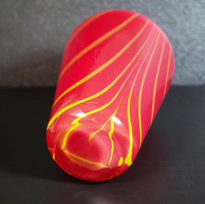 Vintage Red and Yellow Pulled Feather Hand-blown Art Glass Vase - 9.25" Tall
